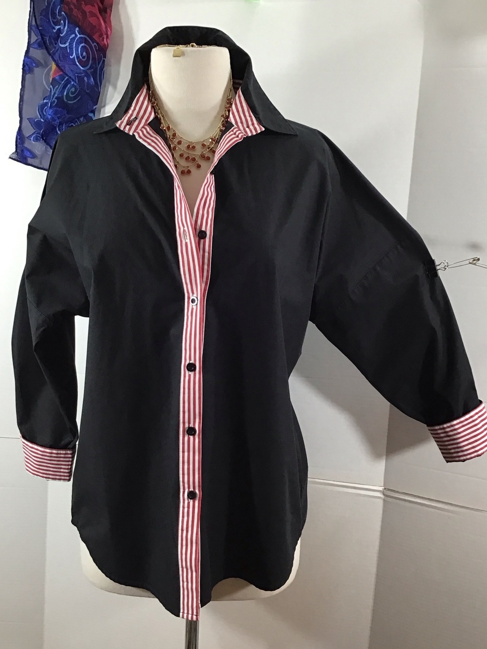 Caryn Lawn Katherine Button-Up Shirt with Red-White Stripe Trim